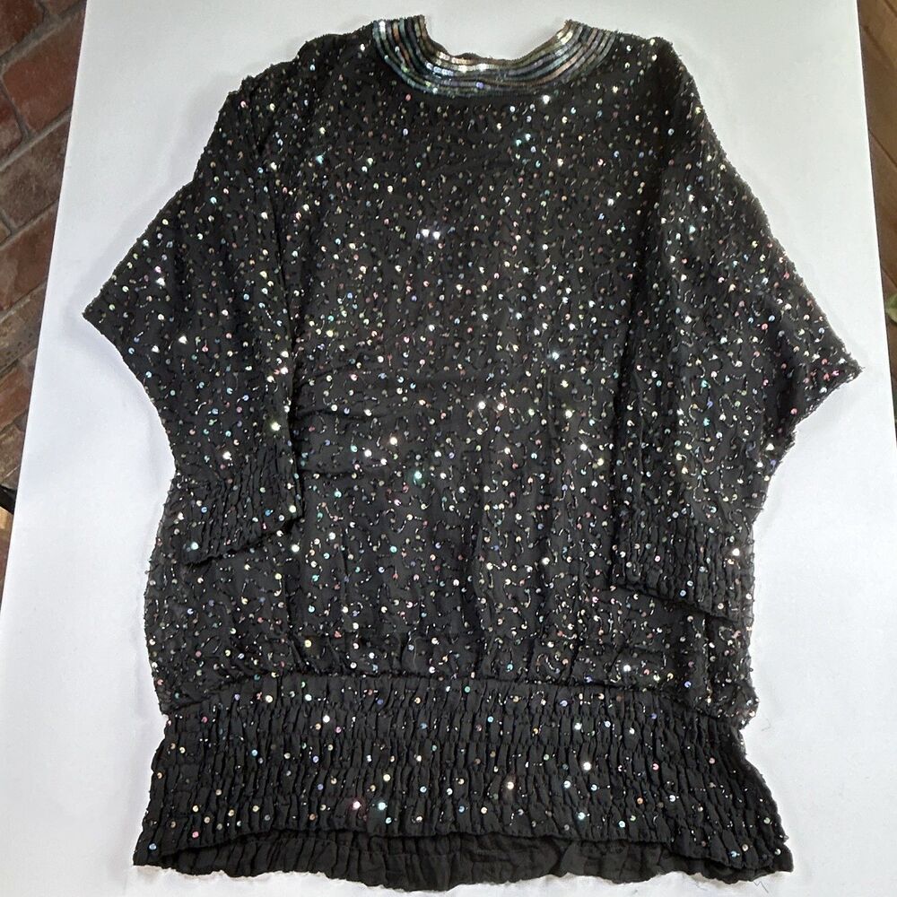 Vintage Silk Judith Ann Creations Black Multi Sequin Beaded Knee Length Dress L - Picture 11 of 13